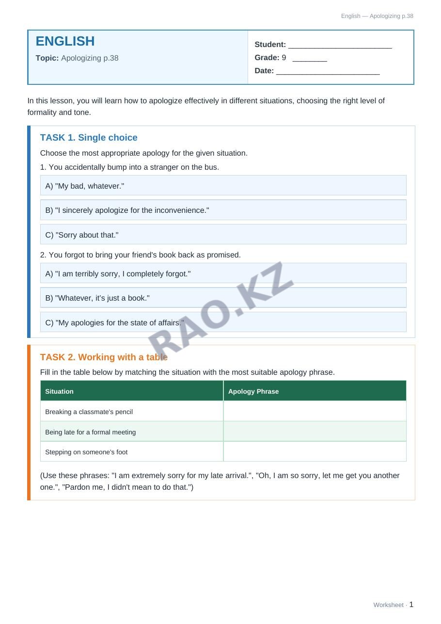 Worksheet English Grade 9 Term 2: Apologizing p.38