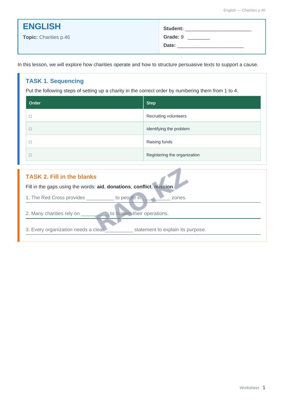 Worksheet English Grade 9 Term 2: Charities p.46