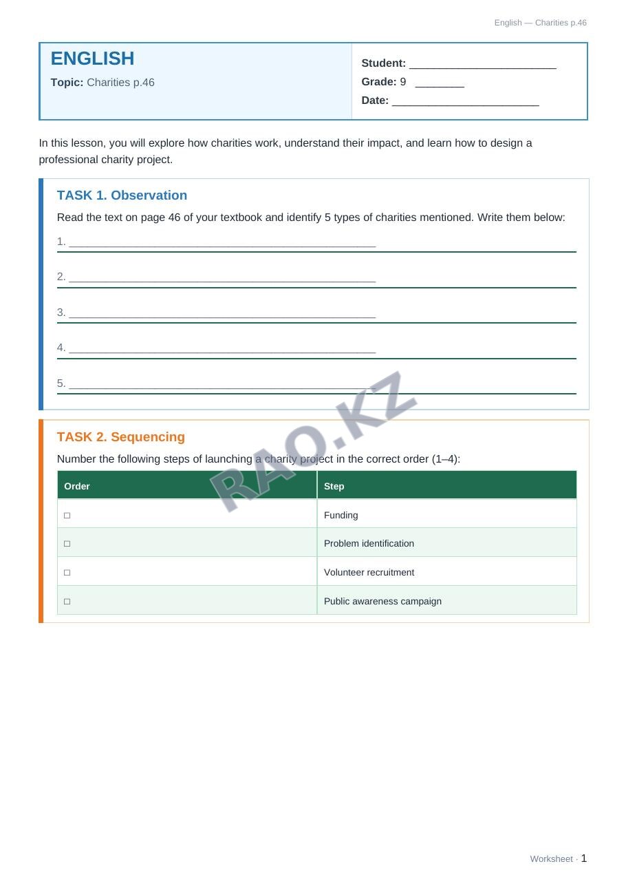 Worksheet English Grade 9 Term 2: Charities p.46