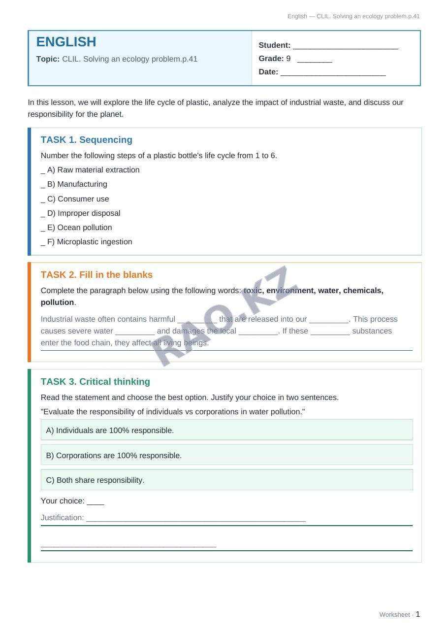 Worksheet English Grade 9 Term 2: CLIL. Solving an ecology problem.p.41