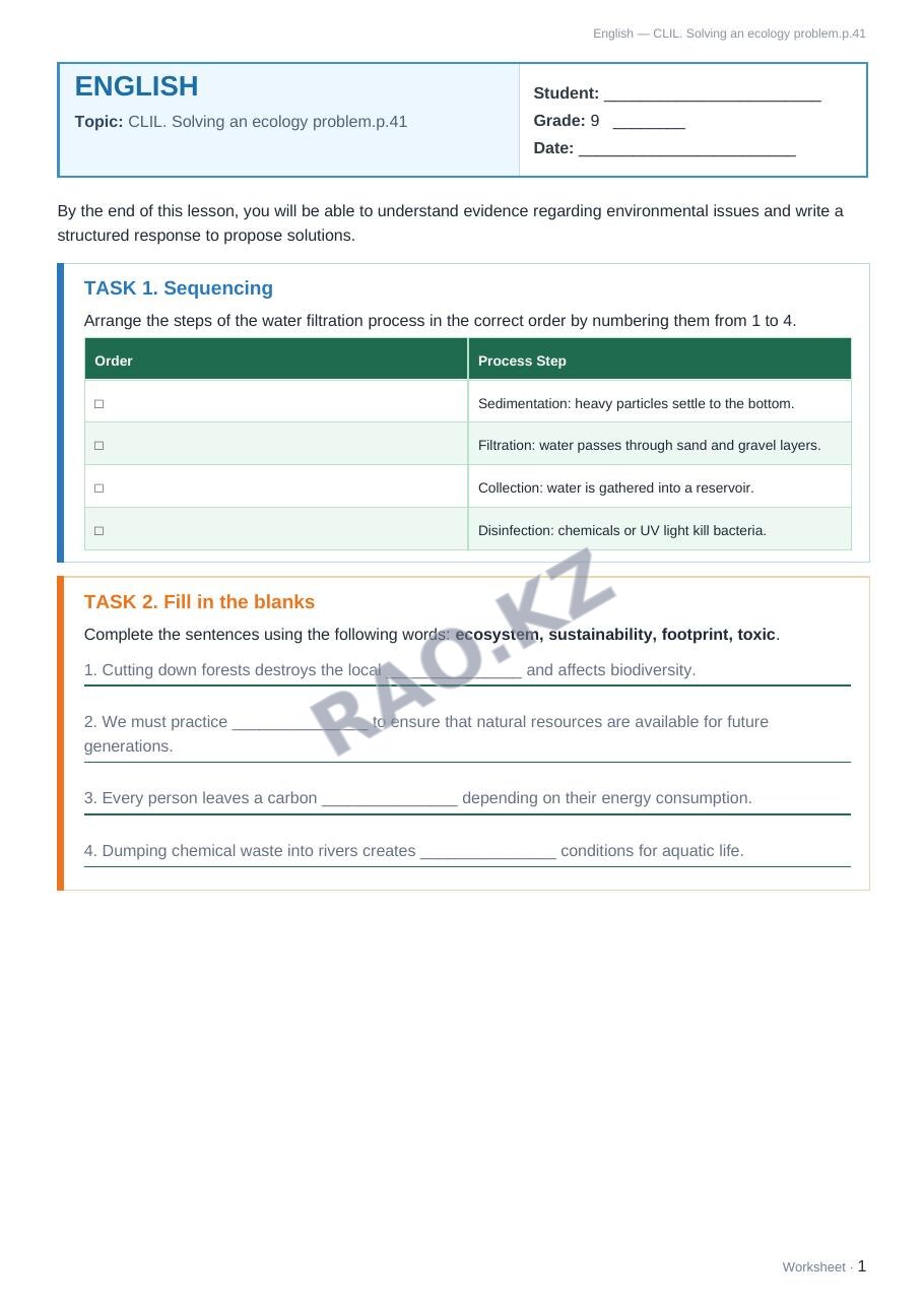 Worksheet English Grade 9 Term 2: CLIL. Solving an ecology problem.p.41