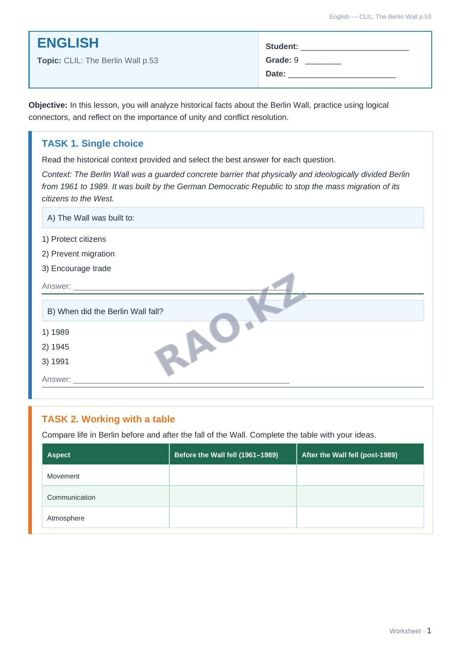 Worksheet English Grade 9 Term 2: CLIL: The Berlin Wall p.53