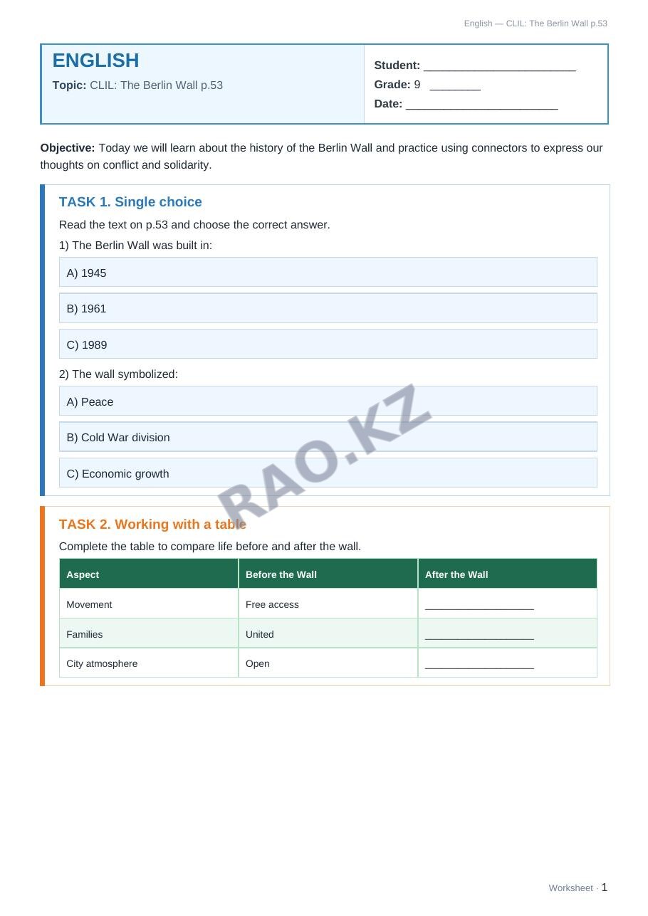 Worksheet English Grade 9 Term 2: CLIL: The Berlin Wall p.53