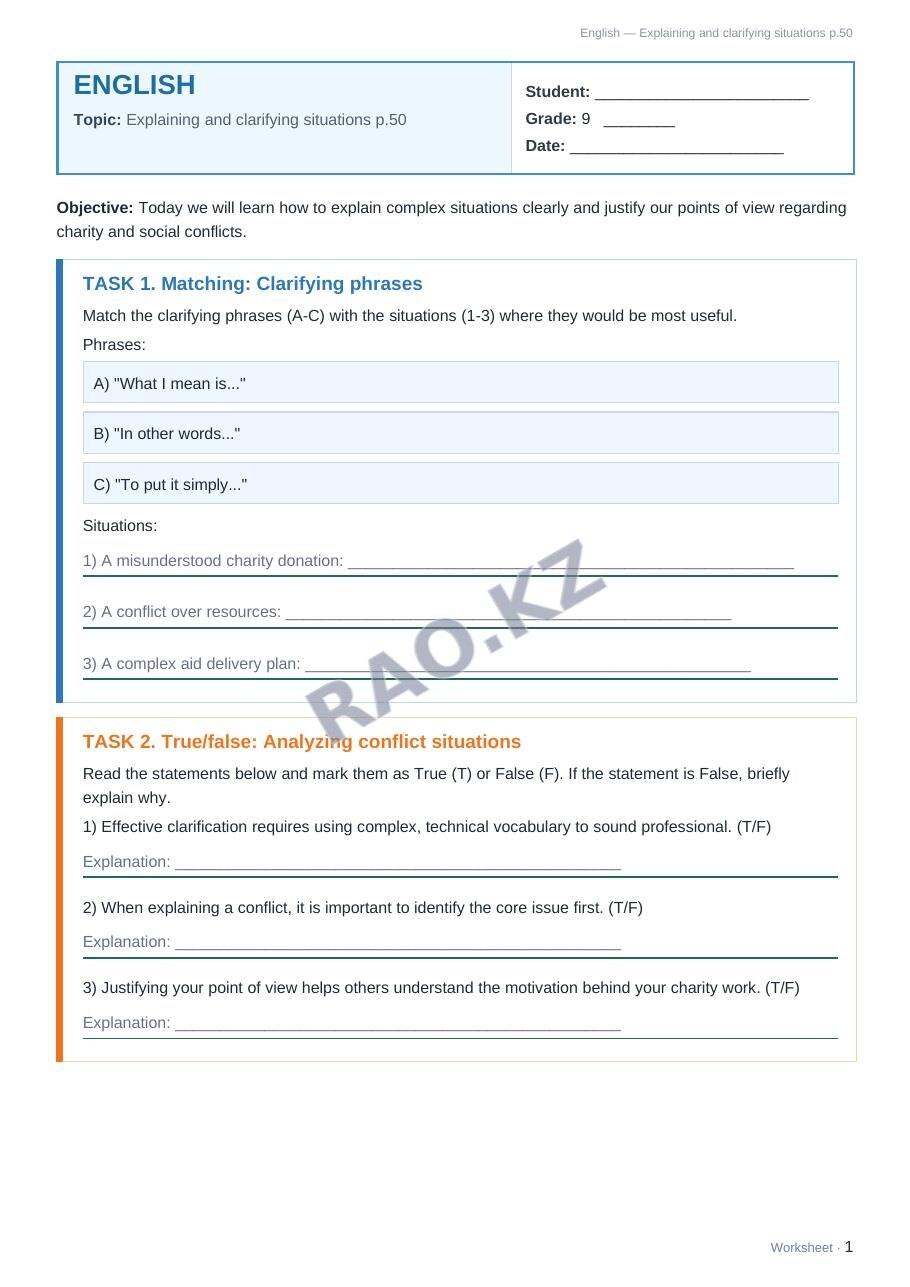 Worksheet English Grade 9 Term 2: Explaining and clarifying situations p.50