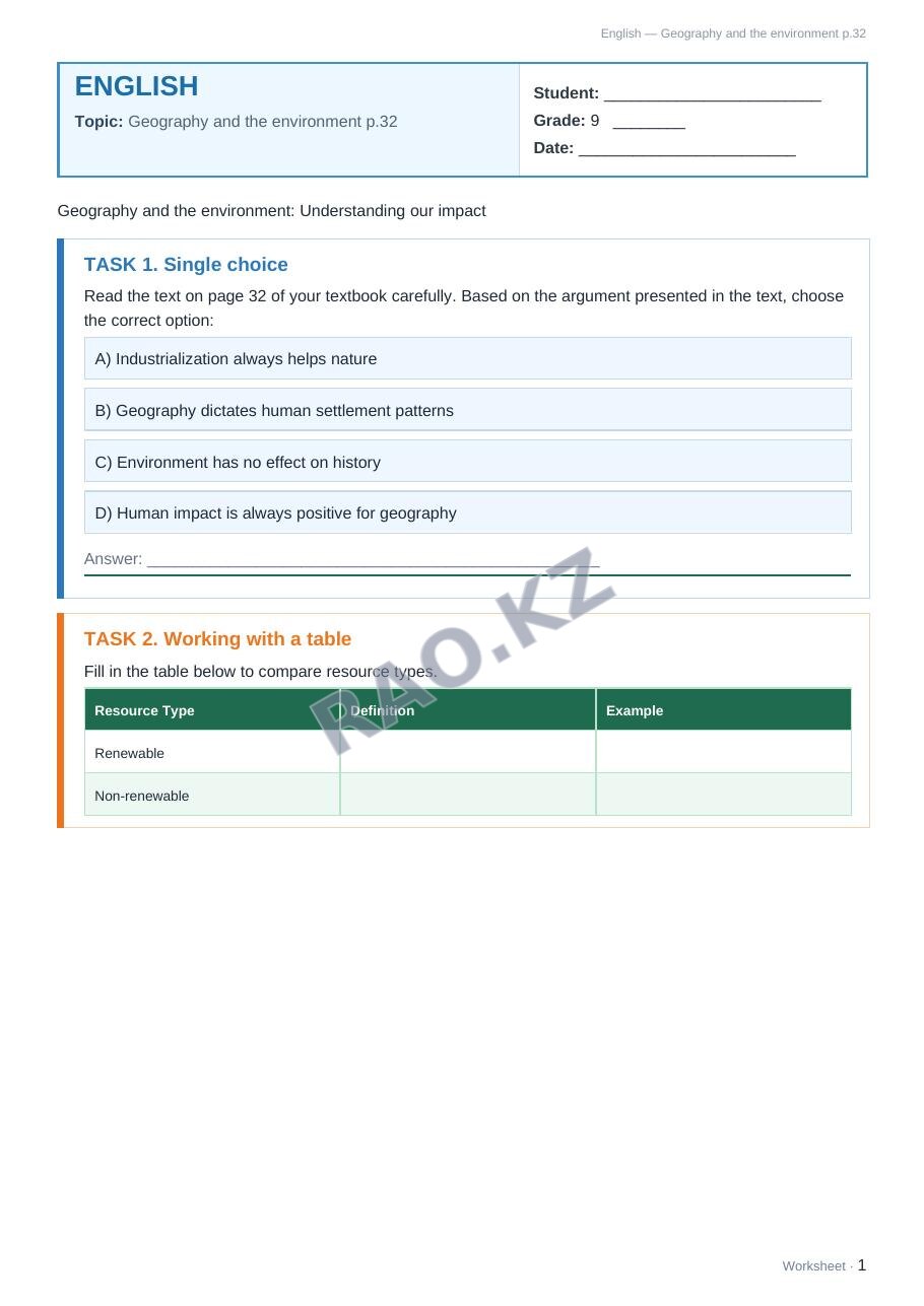 Worksheet English Grade 9 Term 2: Geography and the environment p.32