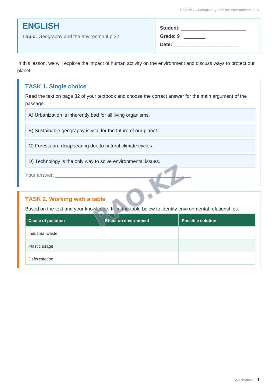 Worksheet English Grade 9 Term 2: Geography and the environment p.32