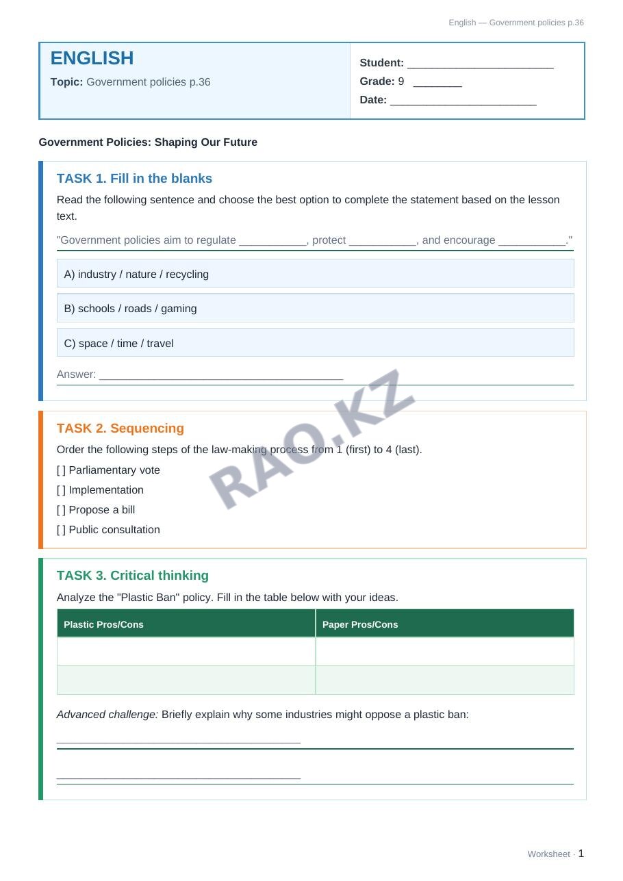 Worksheet English Grade 9 Term 2: Government policies p.36