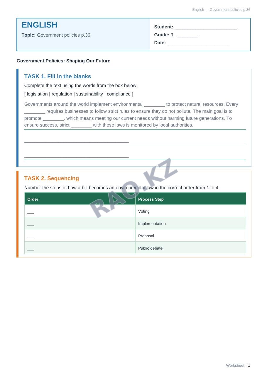 Worksheet English Grade 9 Term 2: Government policies p.36