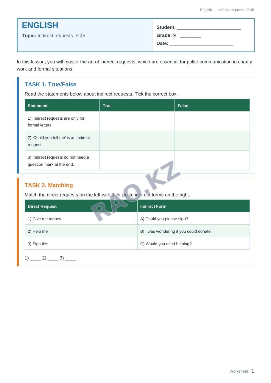 Worksheet English Grade 9 Term 2: Indirect requests. P 45