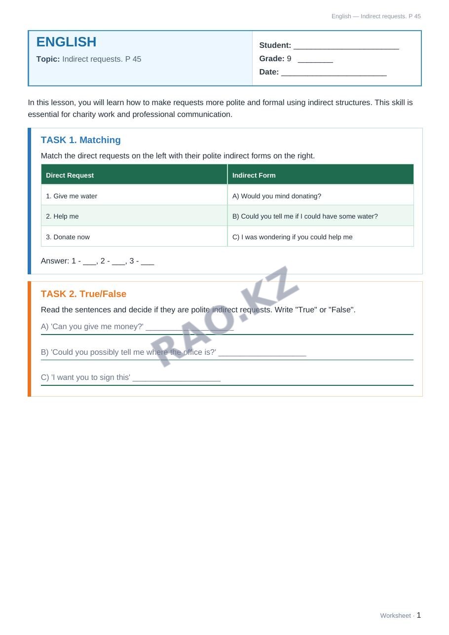 Worksheet English Grade 9 Term 2: Indirect requests. P 45