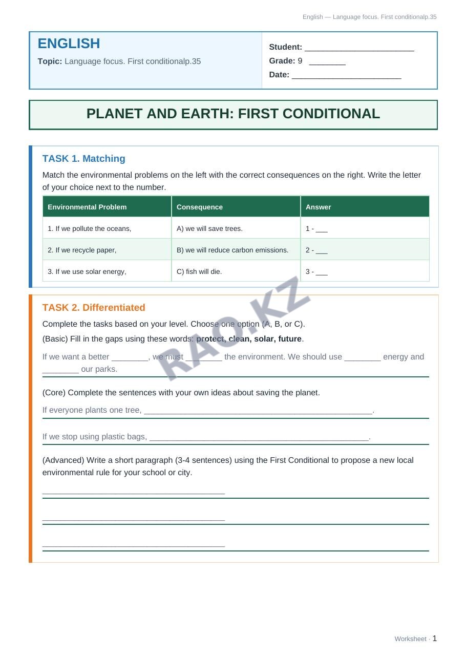 Worksheet English Grade 9 Term 2: Language focus. First conditionalp.35