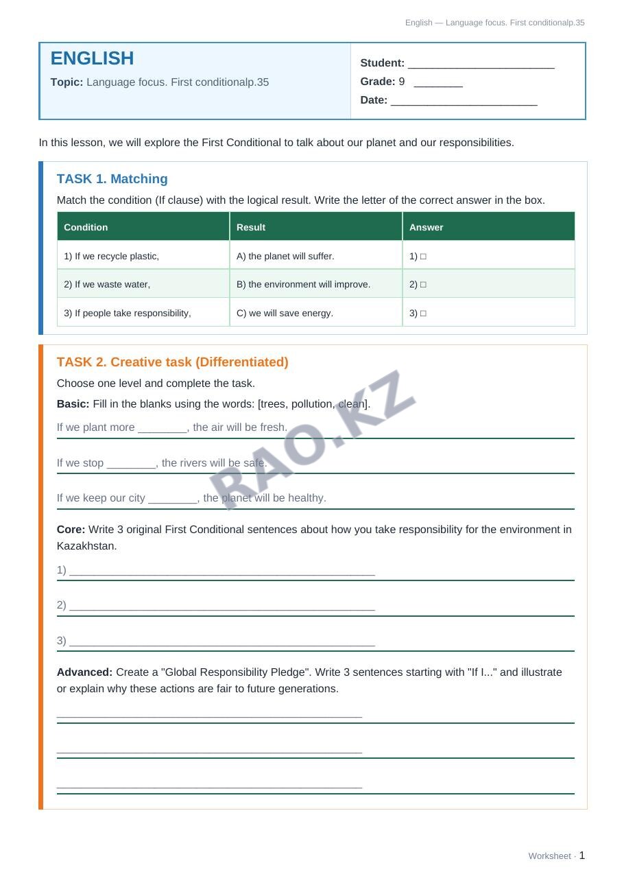 Worksheet English Grade 9 Term 2: Language focus. First conditionalp.35