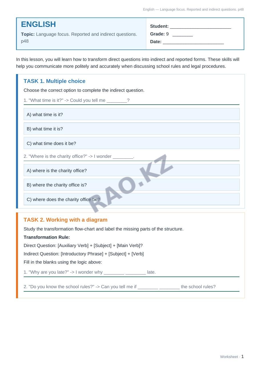 Worksheet English Grade 9 Term 2: Language focus. Reported and indirect questions. p48