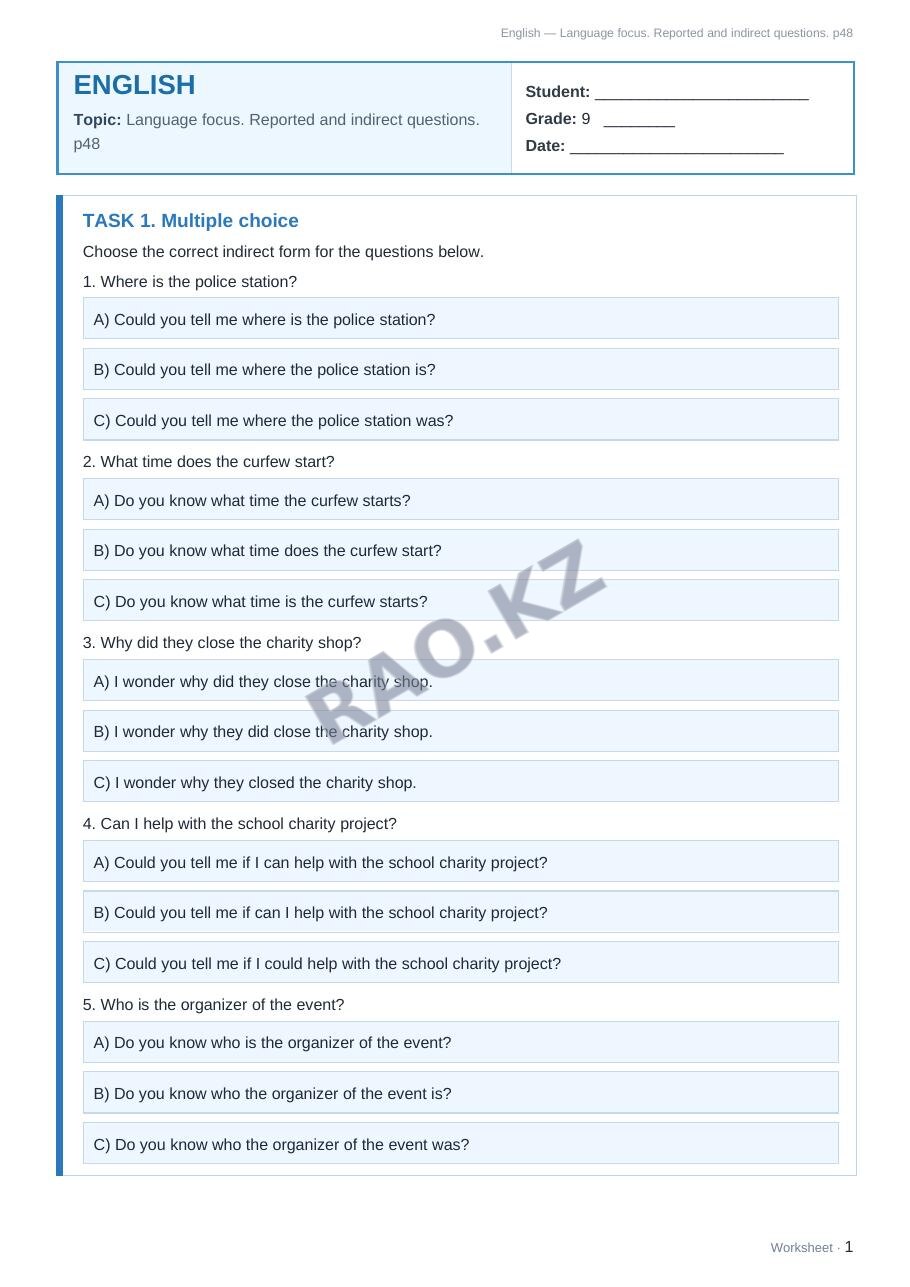 Worksheet English Grade 9 Term 2: Language focus. Reported and indirect questions. p48