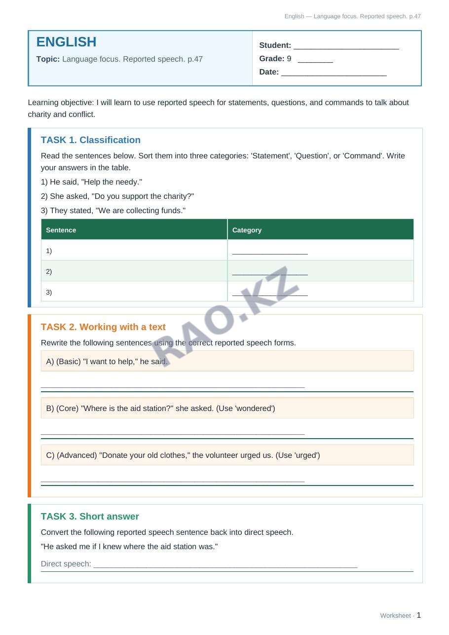 Worksheet English Grade 9 Term 2: Language focus. Reported speech. p.47