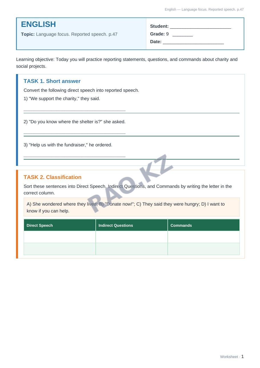 Worksheet English Grade 9 Term 2: Language focus. Reported speech. p.47