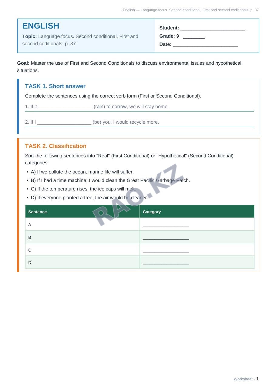 Worksheet English Grade 9 Term 2: Language focus. Second conditional. First and second coditionals. p. 37