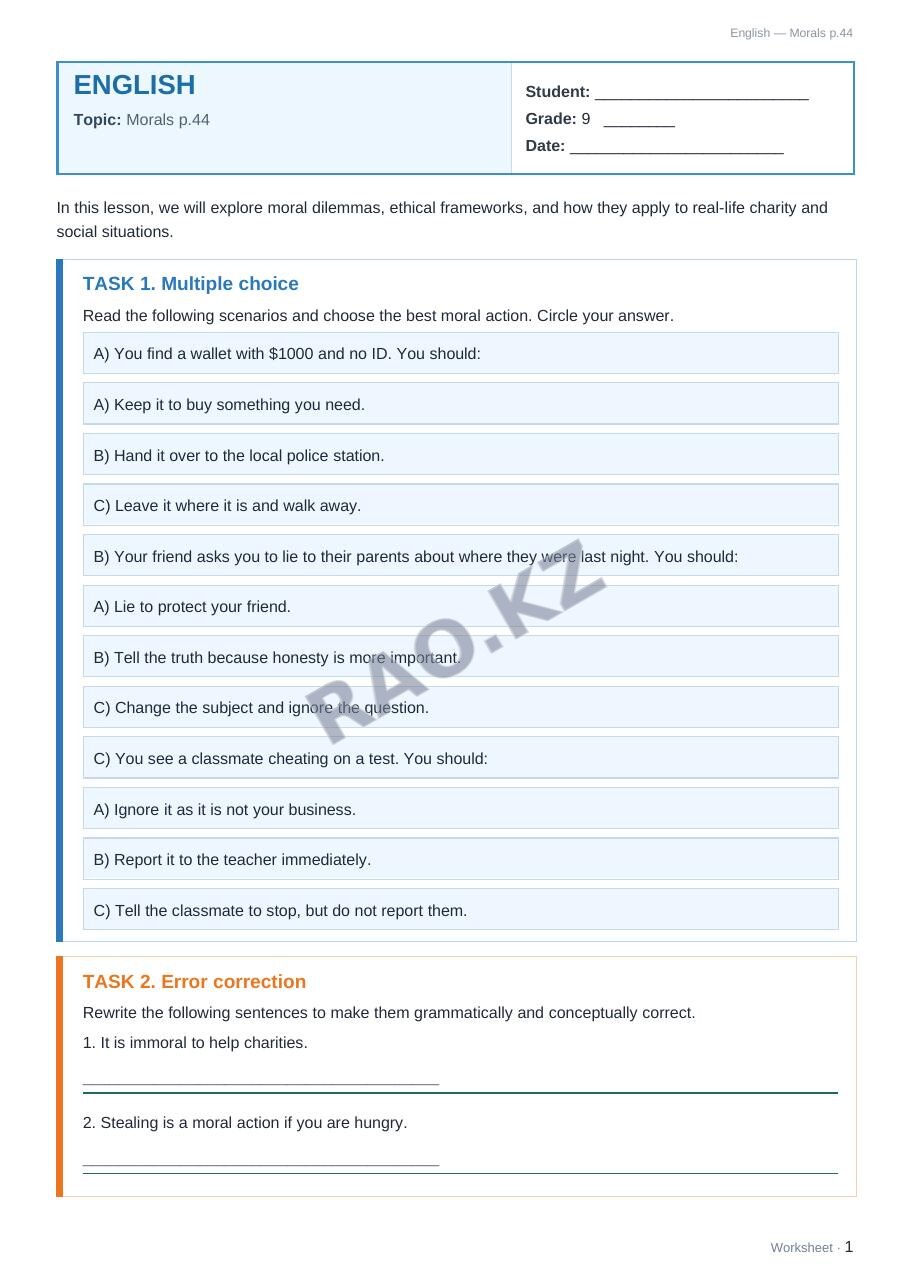 Worksheet English Grade 9 Term 2: Morals p.44