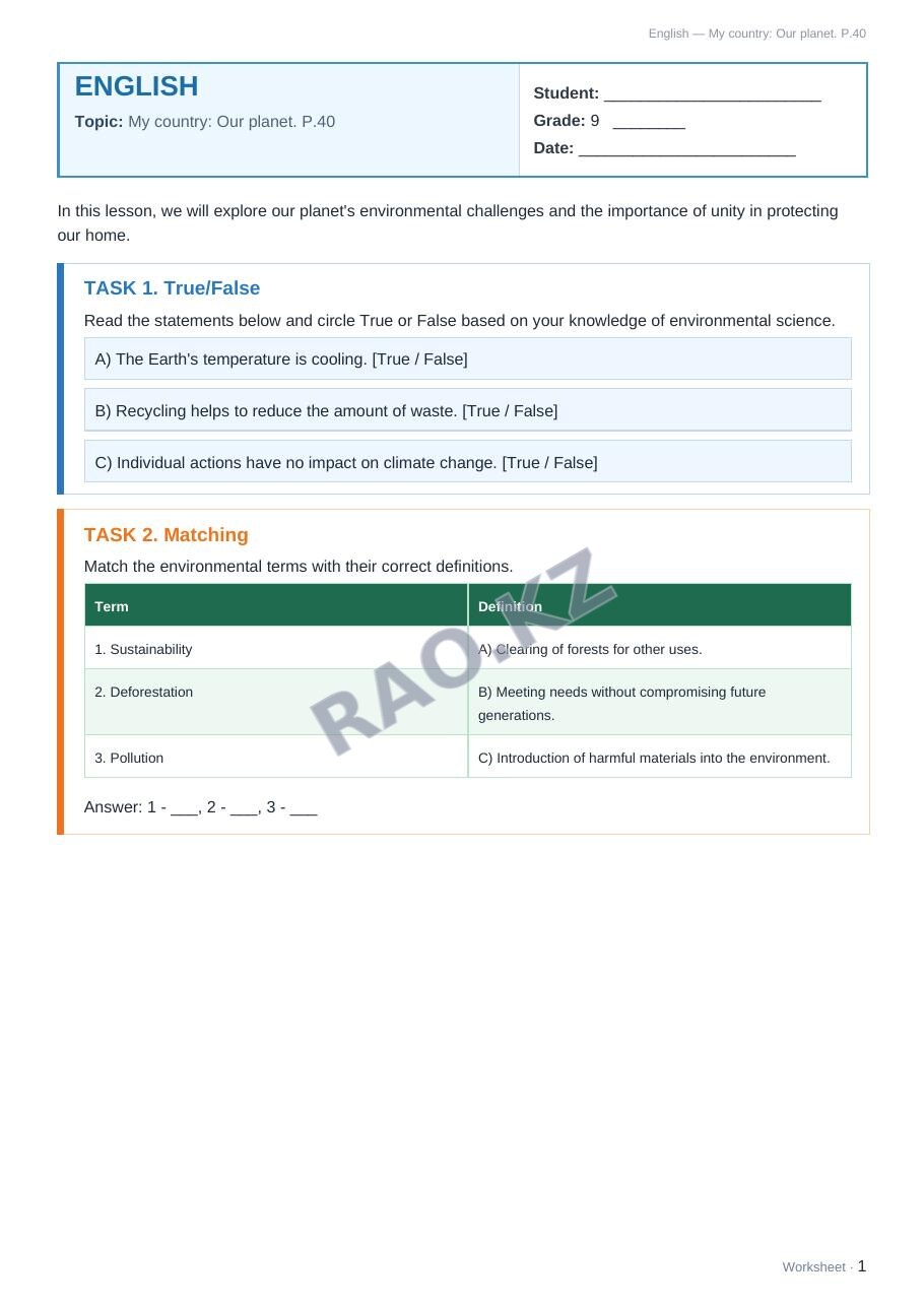 Worksheet English Grade 9 Term 2: My country: Our planet. P.40