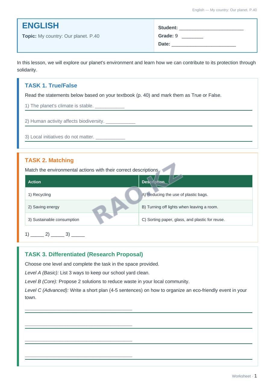 Worksheet English Grade 9 Term 2: My country: Our planet. P.40
