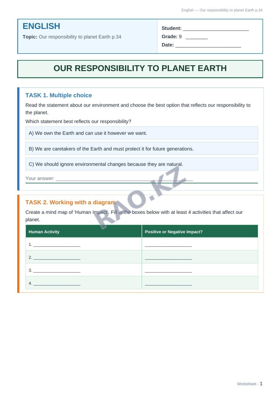 Worksheet English Grade 9 Term 2: Our responsibility to planet Earth p.34