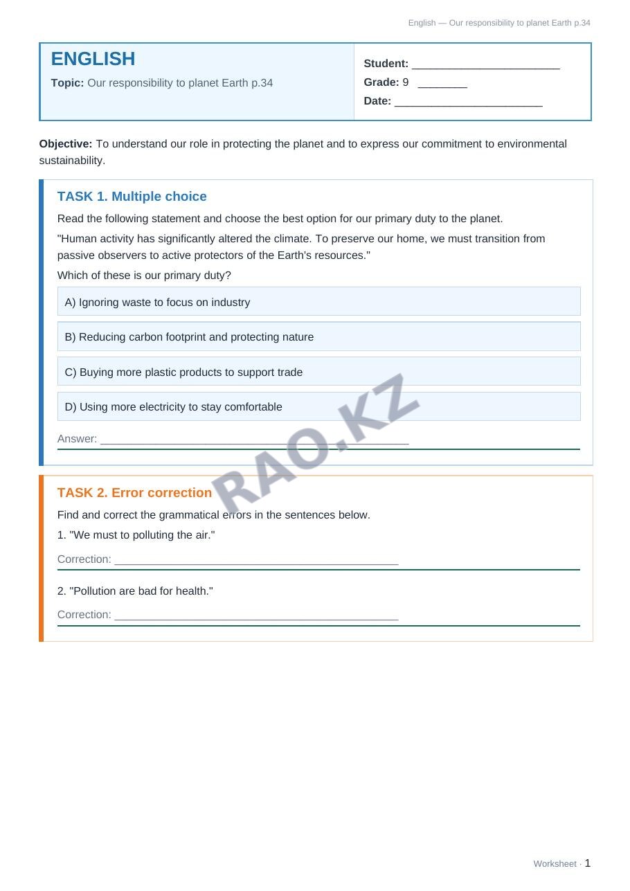 Worksheet English Grade 9 Term 2: Our responsibility to planet Earth p.34