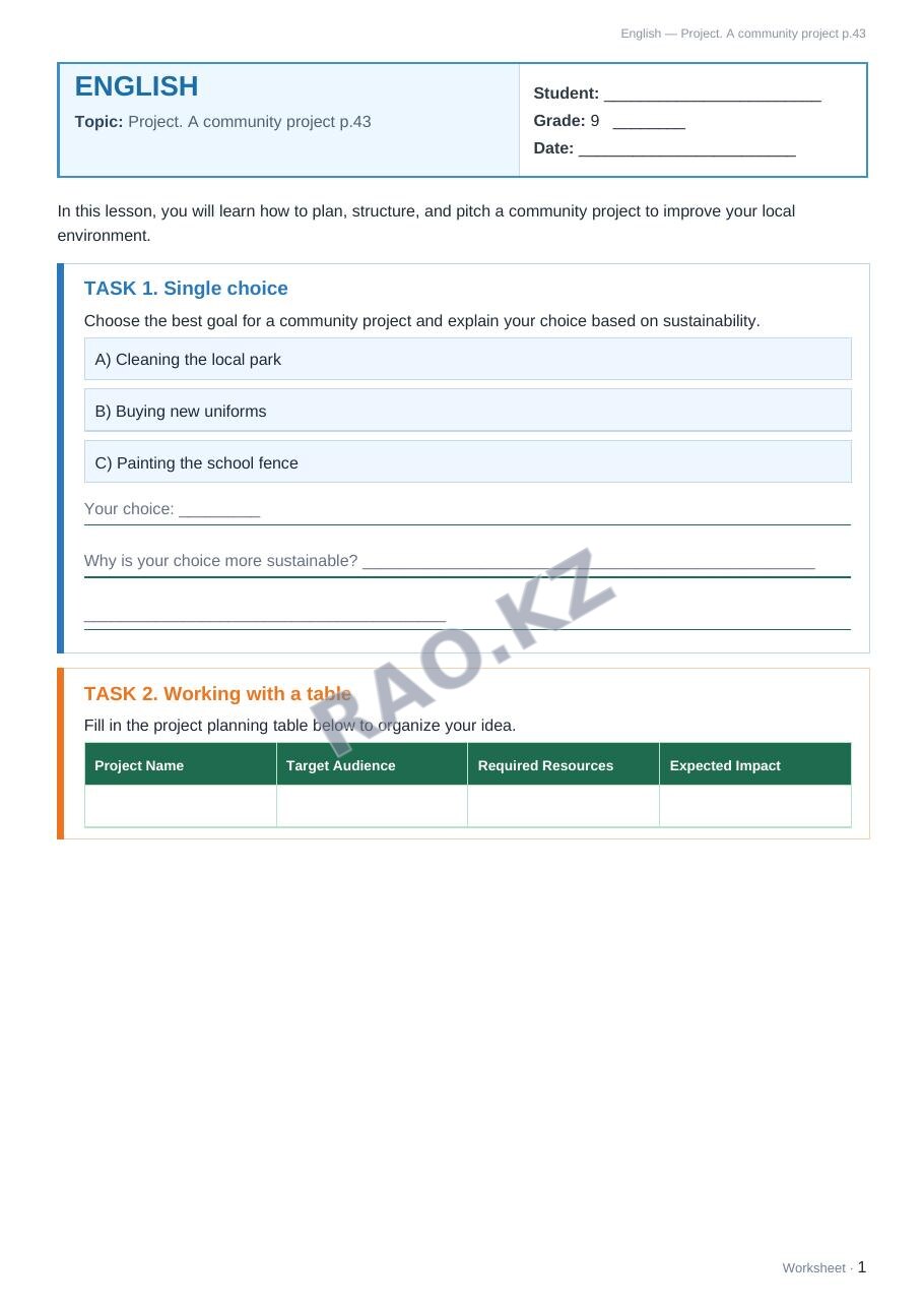Worksheet English Grade 9 Term 2: Project. A community project p.43