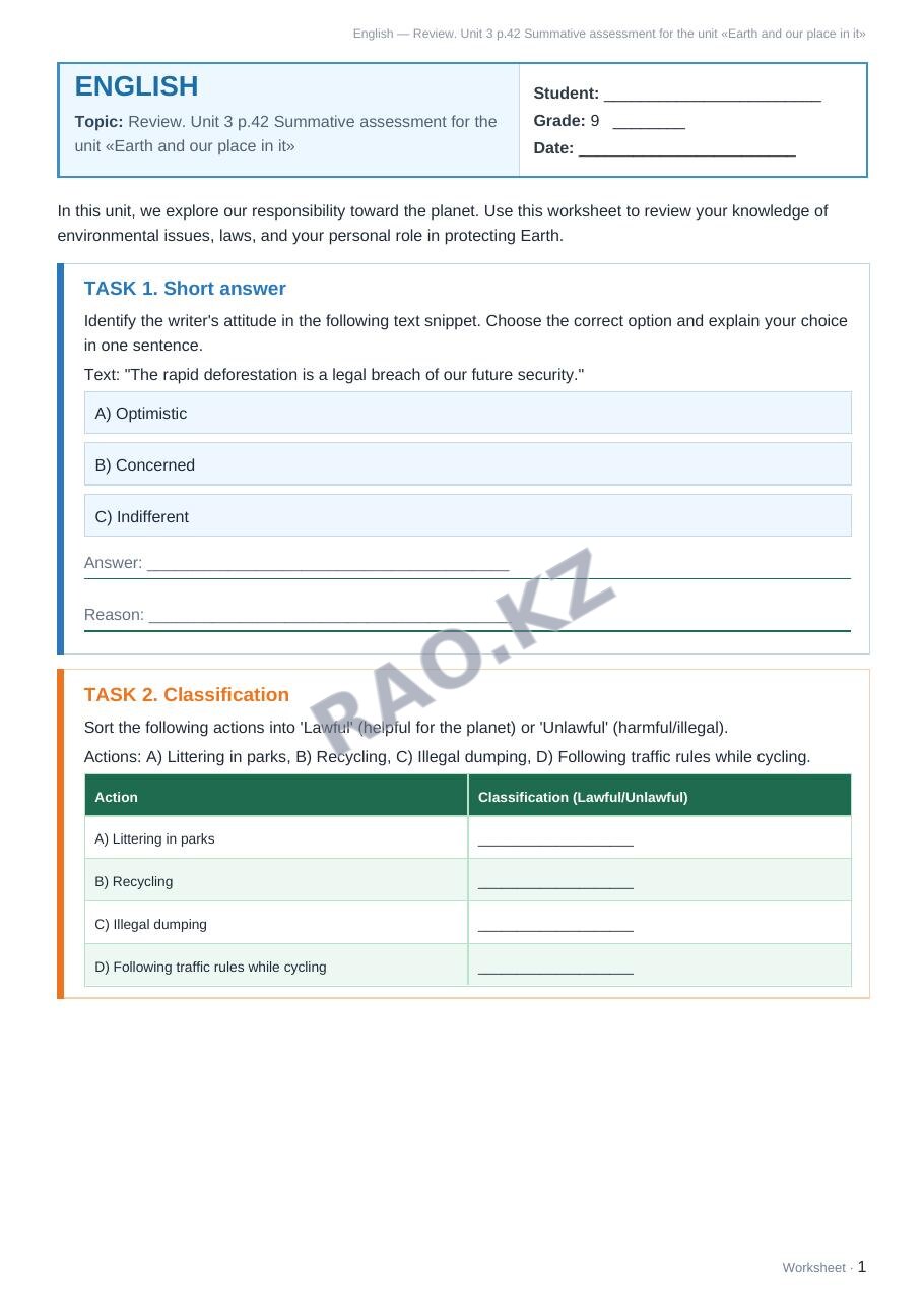 Worksheet English Grade 9 Term 2: Review. Unit 3 p.42 Summative assessment for the unit «Earth and our place in it»
