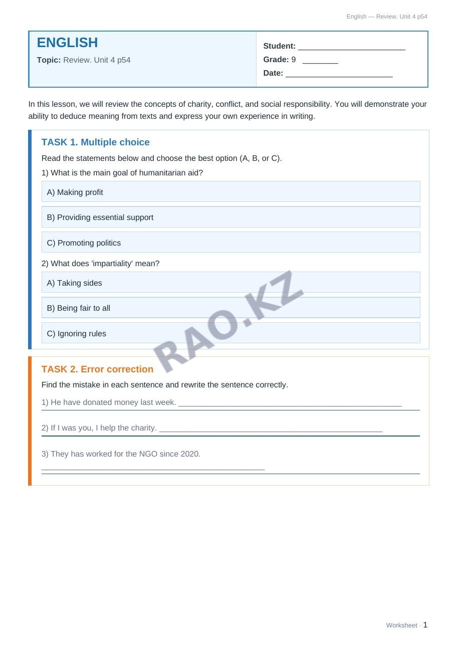 Worksheet English Grade 9 Term 2: Review. Unit 4 p54