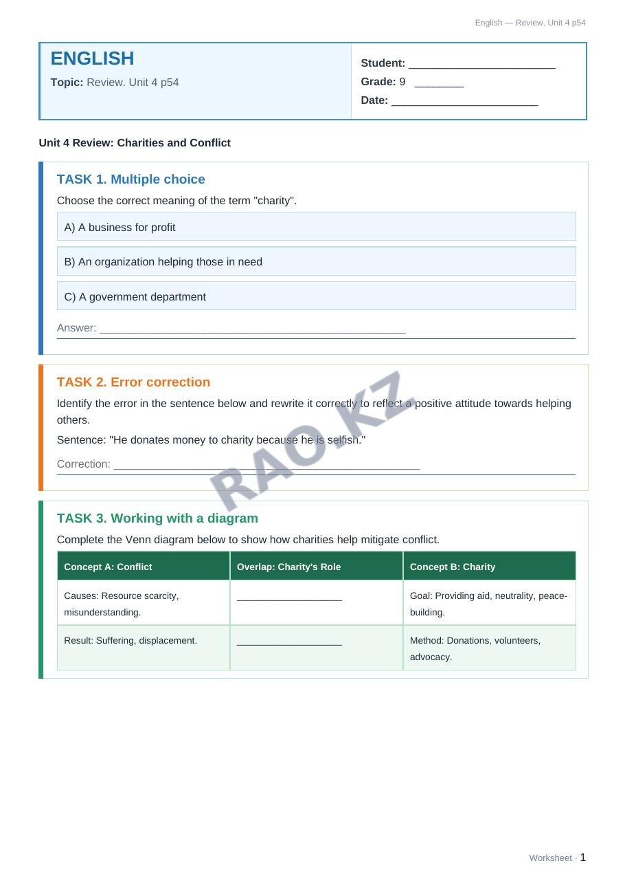 Worksheet English Grade 9 Term 2: Review. Unit 4 p54