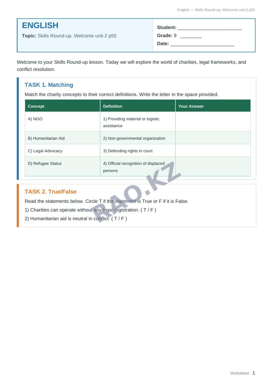 Worksheet English Grade 9 Term 2: Skills Round-up. Welcome unit-2 p55