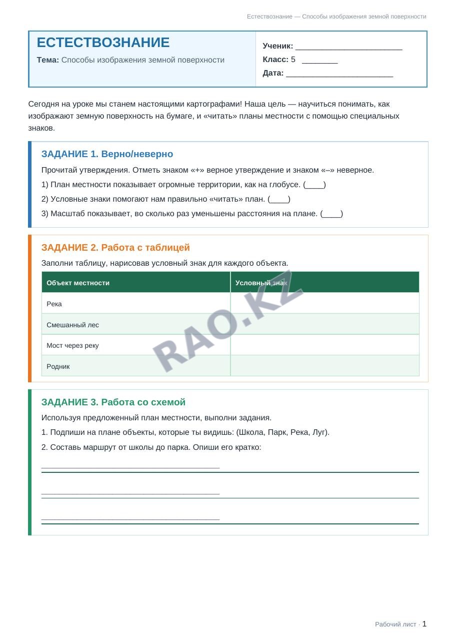 Рабочий лист Естествознание 5 класс 1 четверть Способы изображения земной поверхности