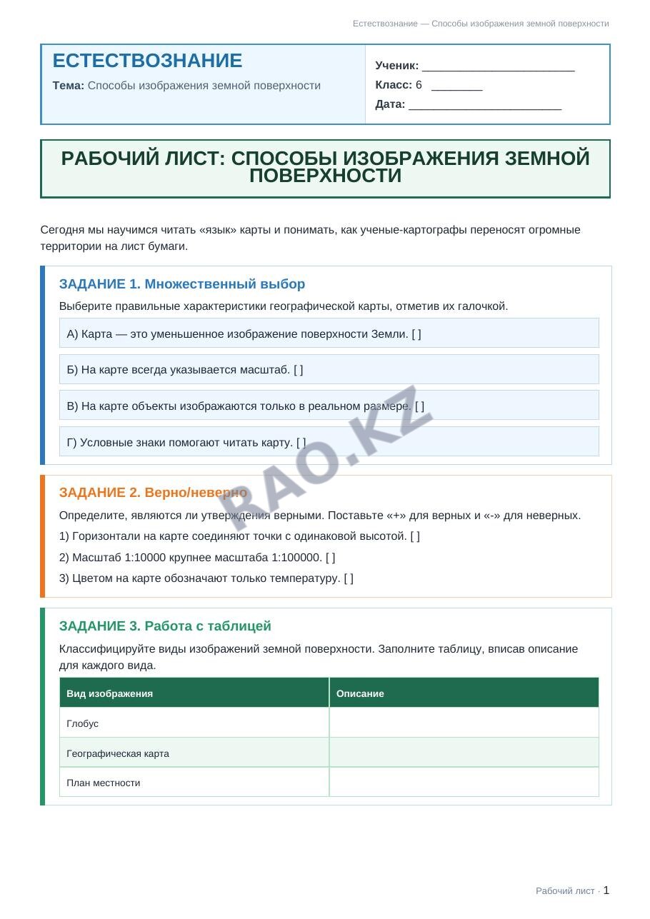 Рабочий лист Естествознание 6 класс 1 четверть Способы изображения земной поверхности