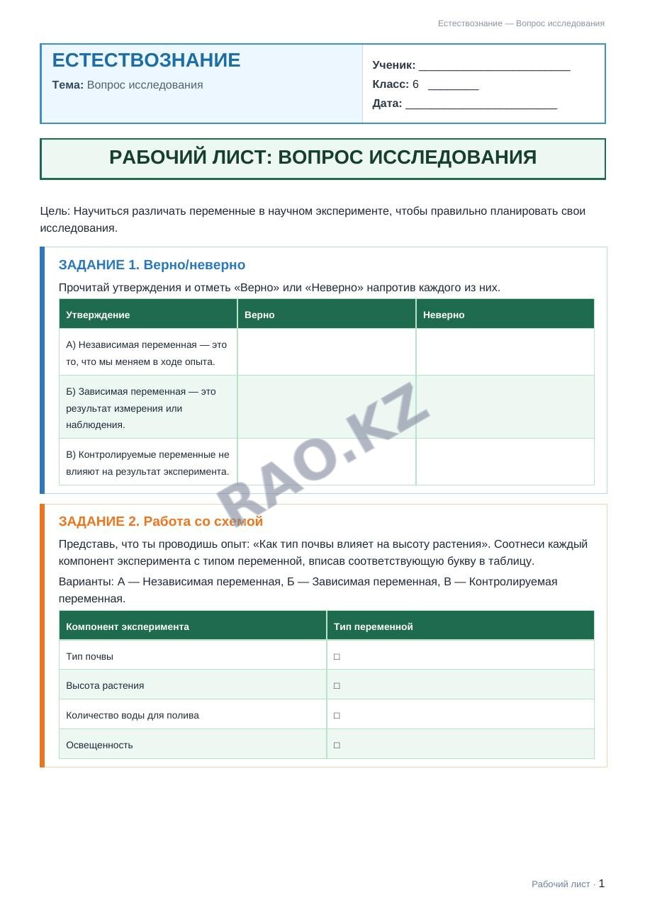 Рабочий лист Естествознание 6 класс 1 четверть Вопрос исследования