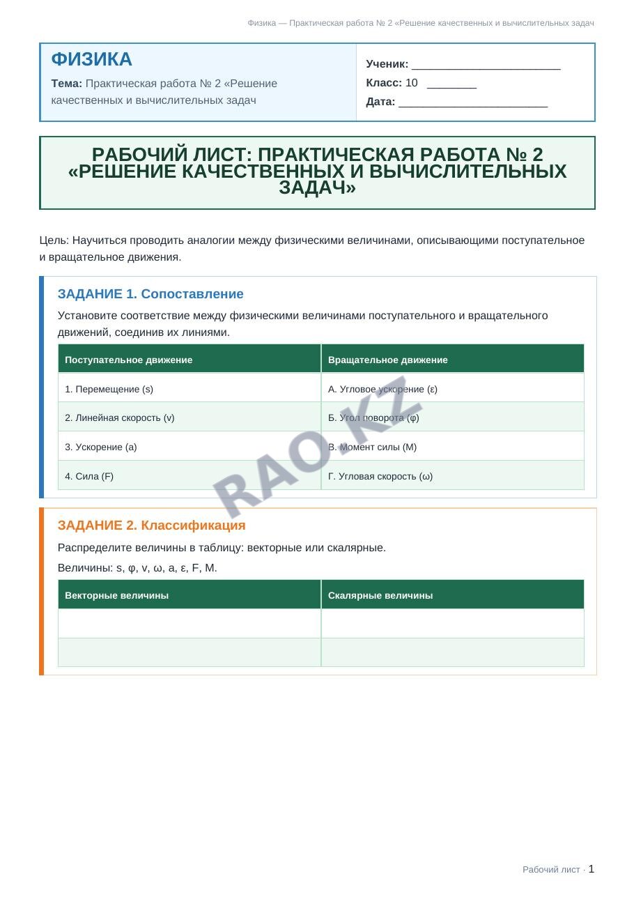 Рабочий лист Физика 10 класс 1 четверть Практическая работа № 2 «Решение качественных и вычислительных задач
