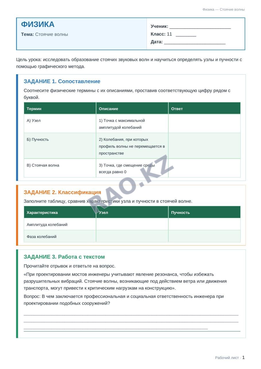 Рабочий лист Физика 11 класс 2 четверть Стоячие волны