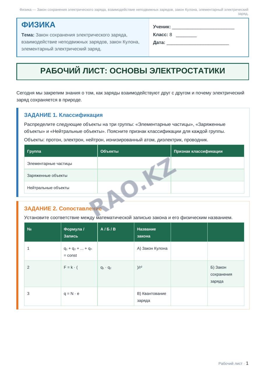 Рабочий лист Физика 8 класс 2 четверть Закон сохранения электрического заряда, взаимодействие неподвижных зарядов, закон Кулона, элементарный электрический заряд.