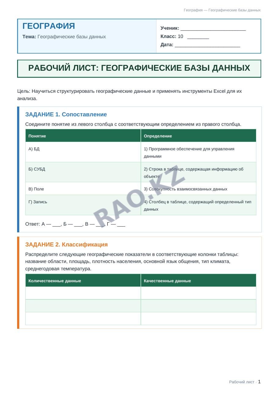 Рабочий лист География 10 класс 1 четверть Географические базы данных