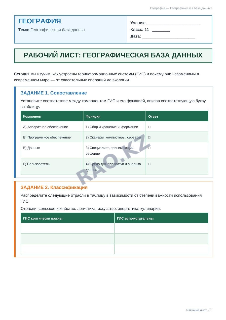 Рабочий лист География 11 класс 1 четверть Географическая база данных