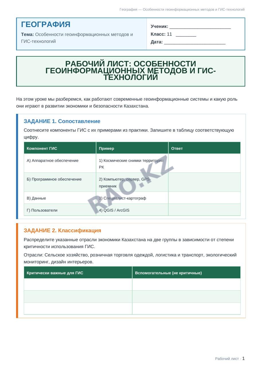 Рабочий лист География 11 класс 1 четверть Особенности геоинформационных методов и ГИС-технологий