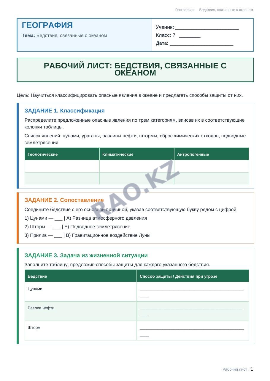 Рабочий лист География 7 класс 2 четверть Бедствия, связанные с океаном