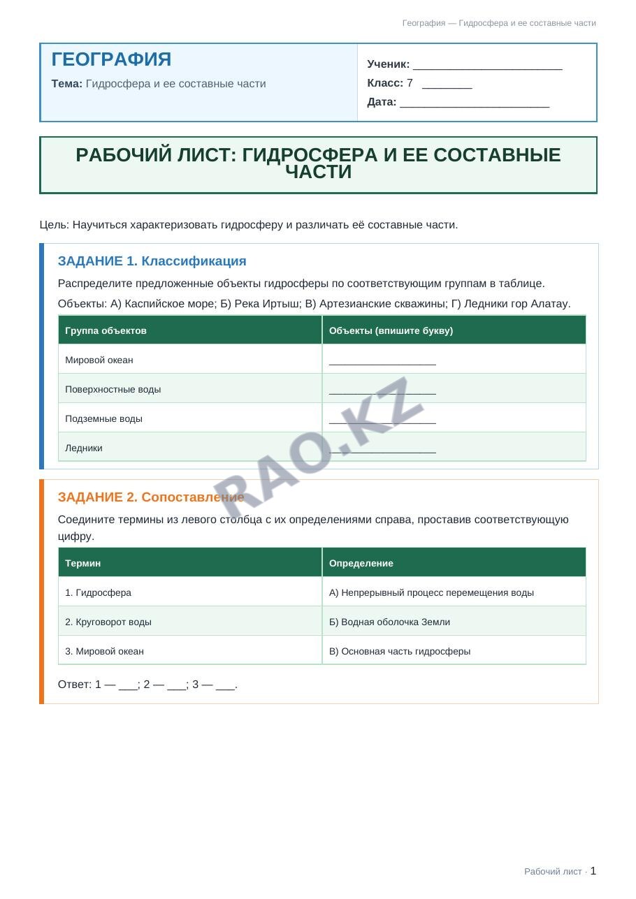 Рабочий лист География 7 класс 2 четверть Гидросфера и ее составные части