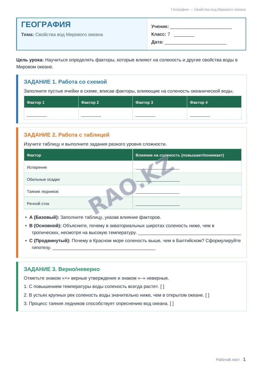 Рабочий лист География 7 класс 2 четверть Свойства вод Мирового океана