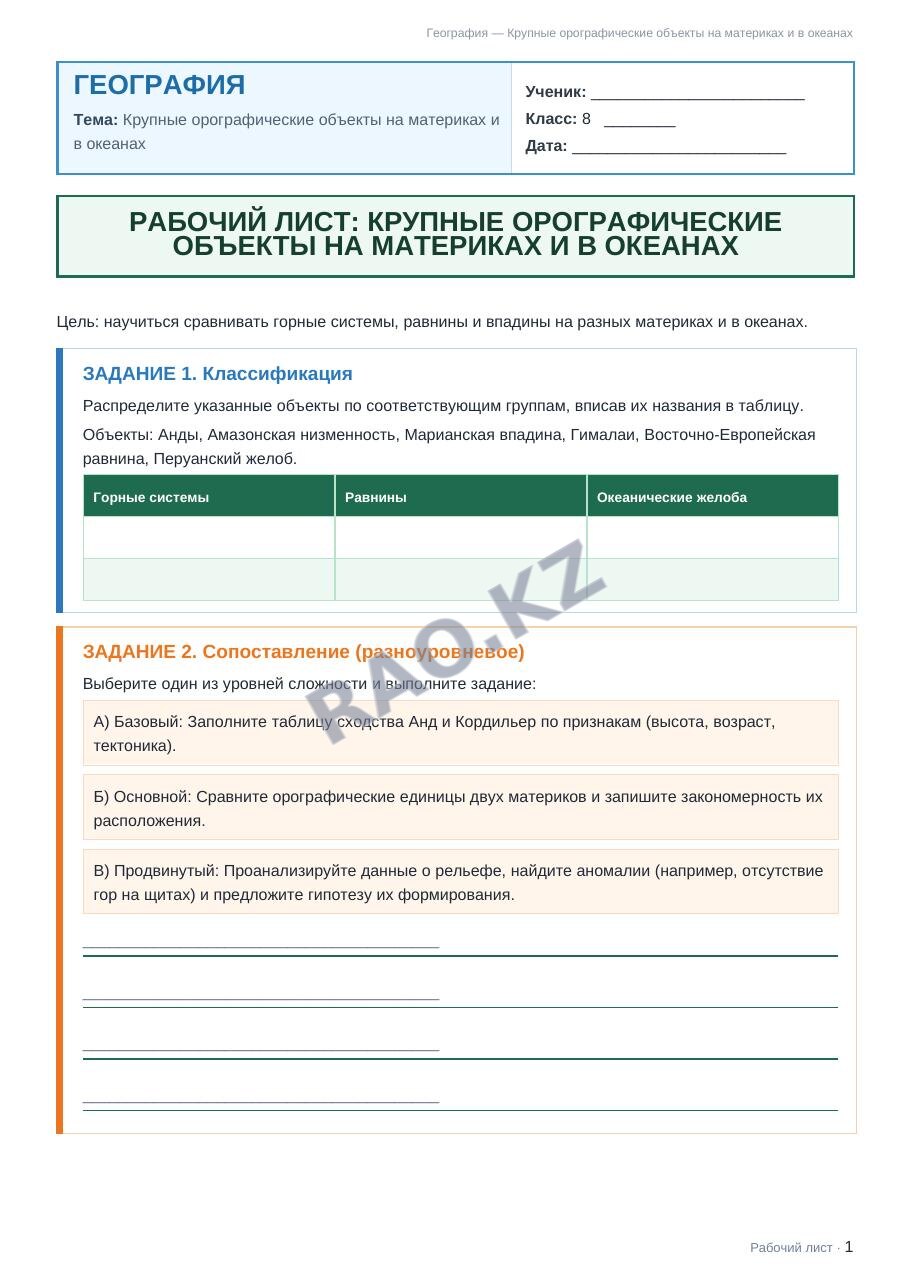 Рабочий лист География 8 класс 1 четверть Крупные орографические объекты на материках и в океанах