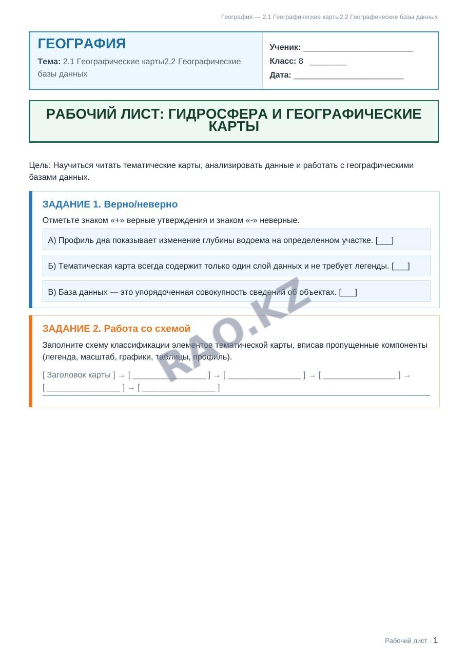 Рабочий лист География 8 класс 2 четверть 2.1 Географические карты2.2 Географические базы данных