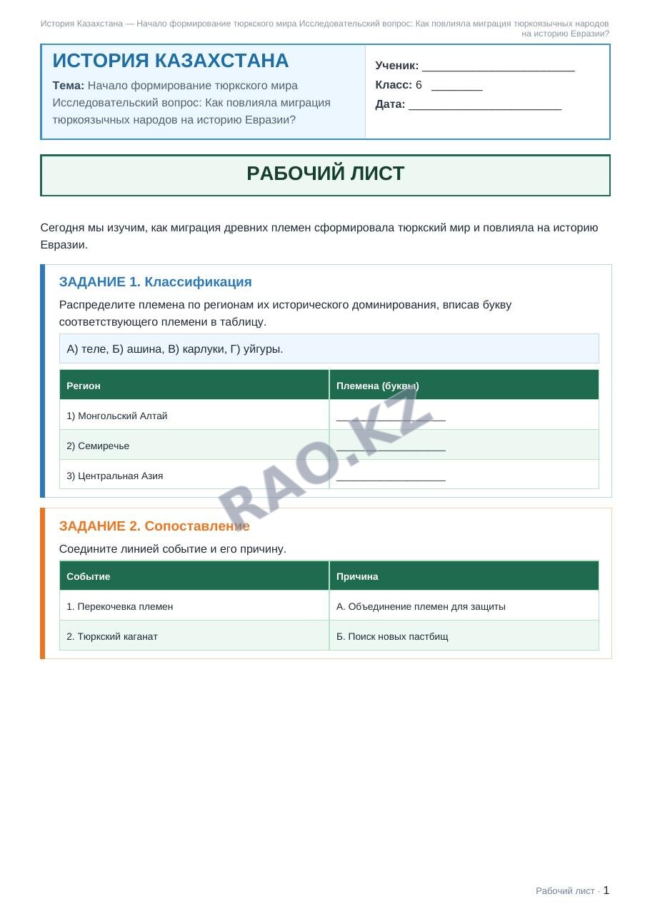 Рабочий лист История Казахстана 6 класс 1 четверть Начало формирование тюркского мира Исследовательский вопрос: Как повлияла миграция тюркоязычных народов на историю Евразии?