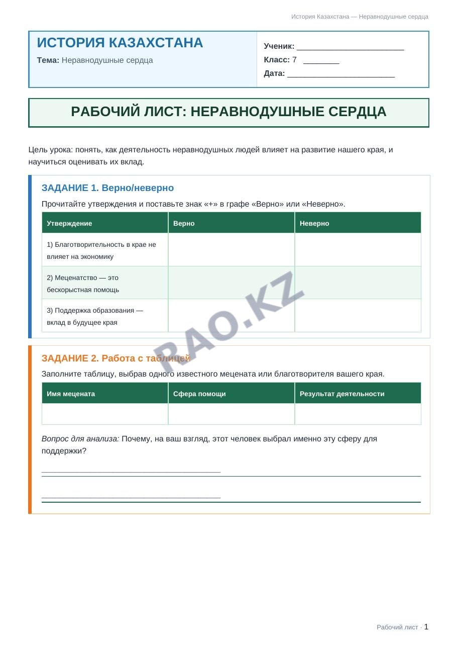 Рабочий лист История Казахстана 7 класс 2 четверть Неравнодушные сердца