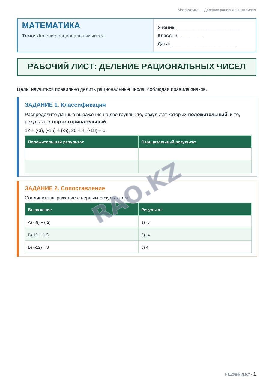 Рабочий лист Математика 6 класс 2 четверть Деление рациональных чисел