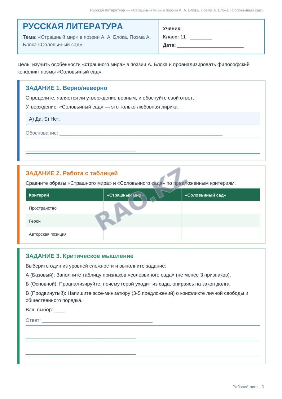 Рабочий лист Русская литература 11 класс 1 четверть «Страшный мир» в поэзии А. А. Блока. Поэма А. Блока «Соловьиный сад».