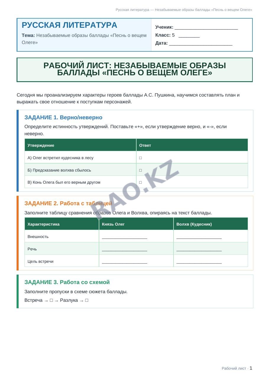 Рабочий лист Русская литература 5 класс 1 четверть Незабываемые образы баллады «Песнь о вещем Олеге»